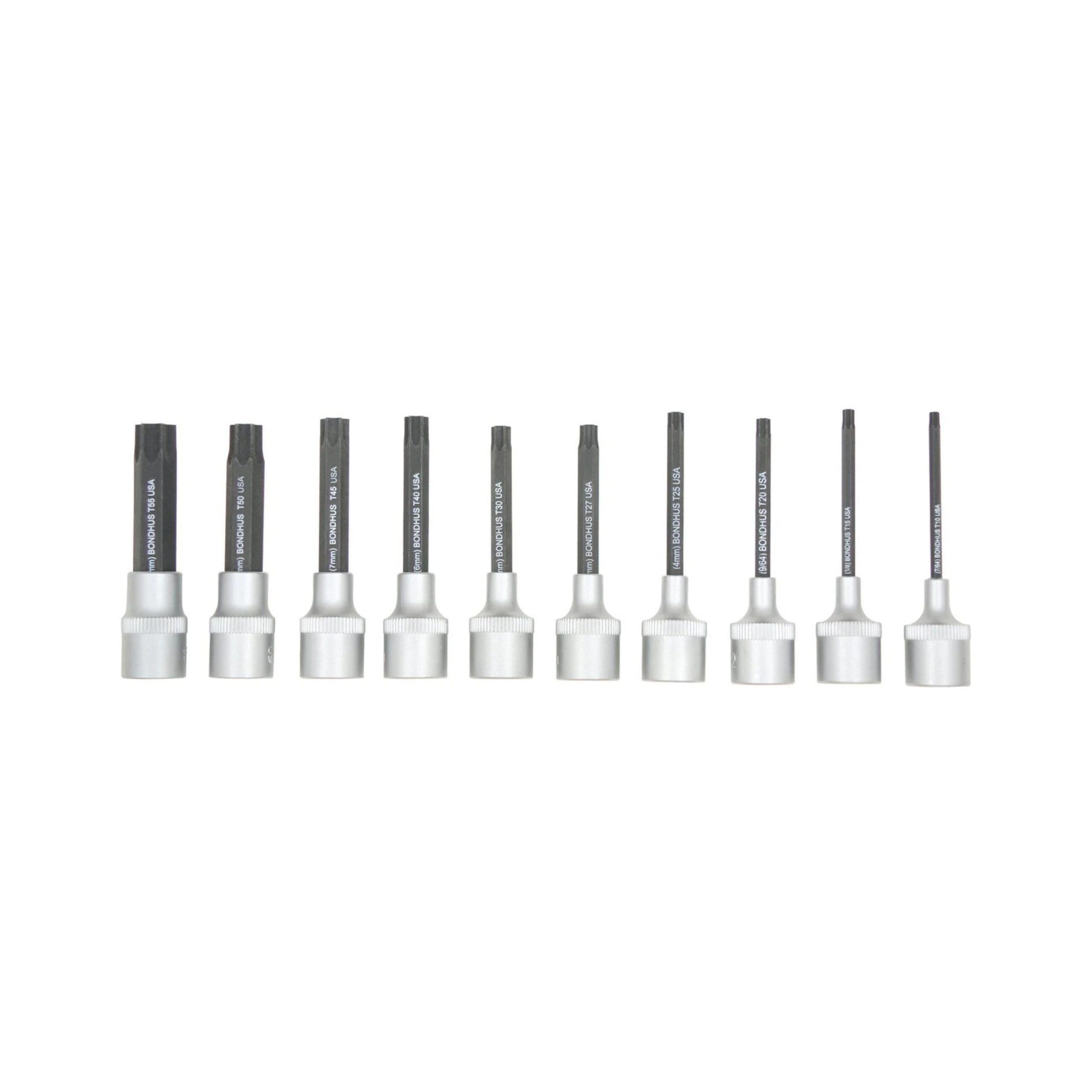Bondhus 44038, Set 10 ProHold Torx Bits 2" (T10-T55) w/Sockets in Clamshell