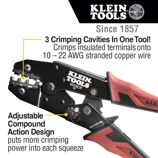 Klein Tool 3005CR Ratcheting Crimper, 10-22 AWG - Insulated Terminals - Image 6
