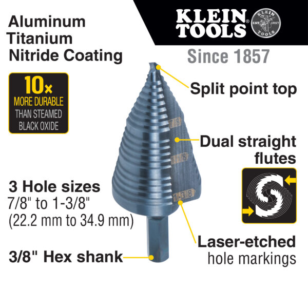 Klein Tool KTSB15, 3-Step Drill Bit, 3/8-Inch Hex, Double Straight Flute - Image 2